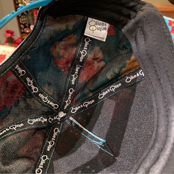 Olive & Pique SnapBack Trucker Baseball Hat, turquoise with pink florals - Picture 4 of 8